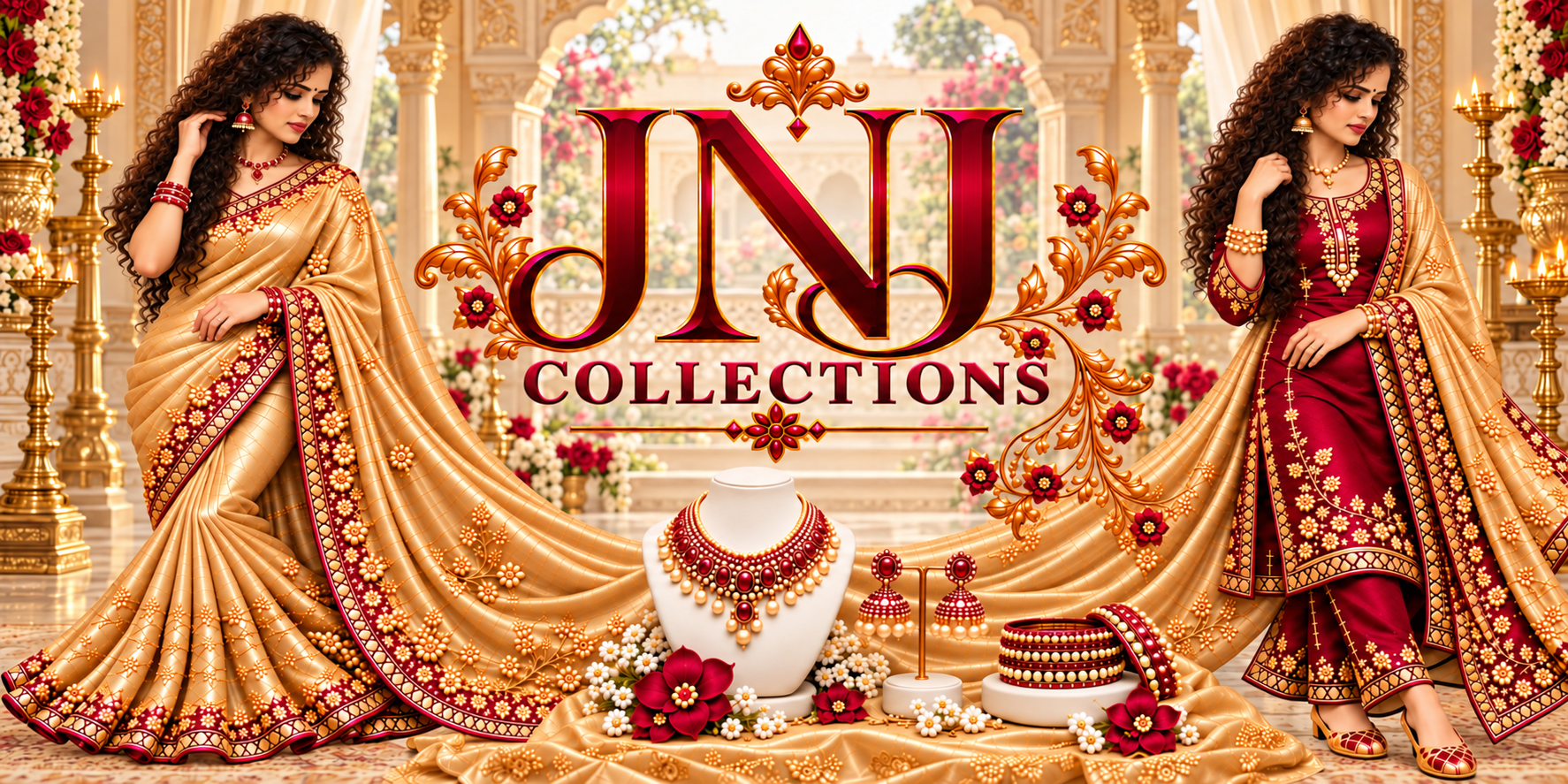 JNJ Collections luxury maroon and gold sarees, salwar suits and jewellery